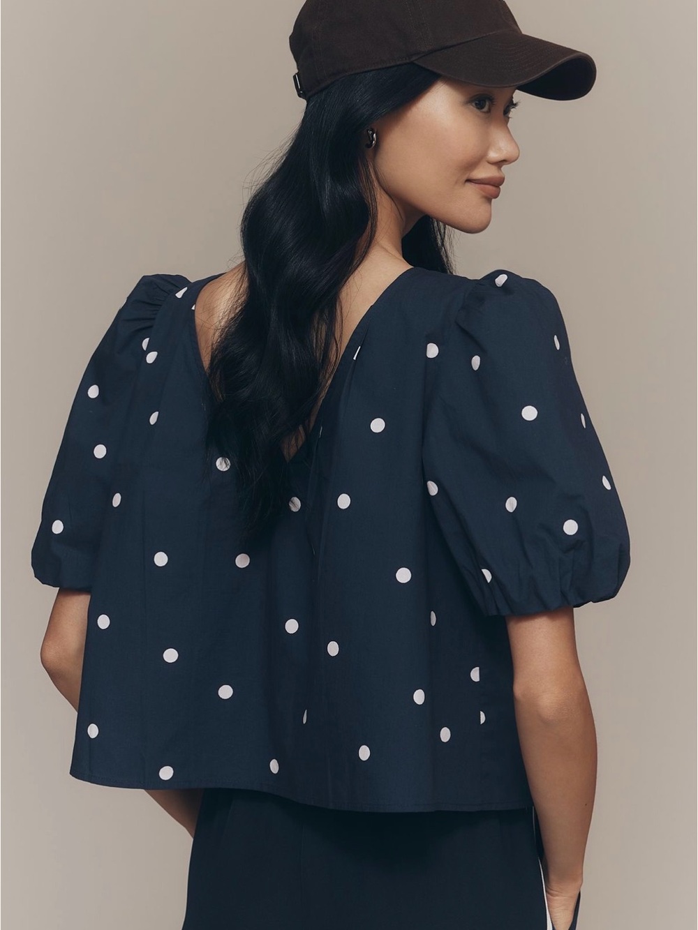 Anthropologie Maeve Navy Polka Dot Puff Sleeve Top - XL REVERSIBLE - Picture 3 of 11